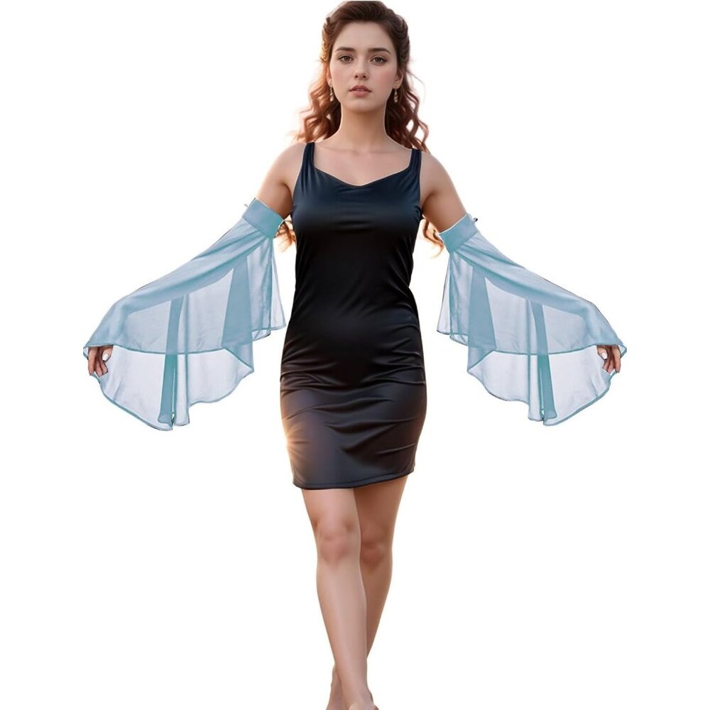 Women's Light Blue Chiffon Lace Detachable Covers Sleeves Gloves Party Prom